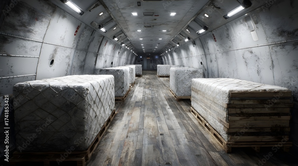 Fototapeta premium Interior of cargo plane with wrapped pallets emphasizing air freight logistics