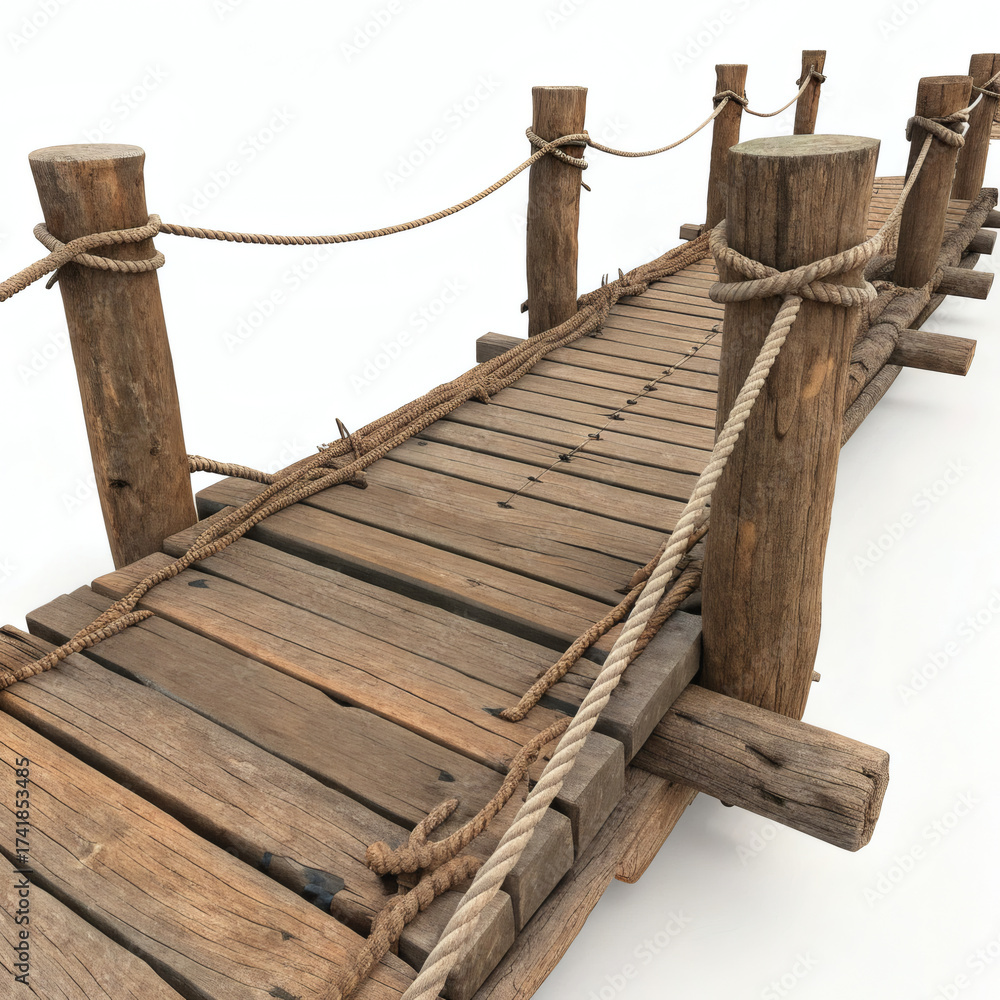 Fototapeta premium Rustic Wooden Bridge with Ropes – Weathered Dock or Pier Structure