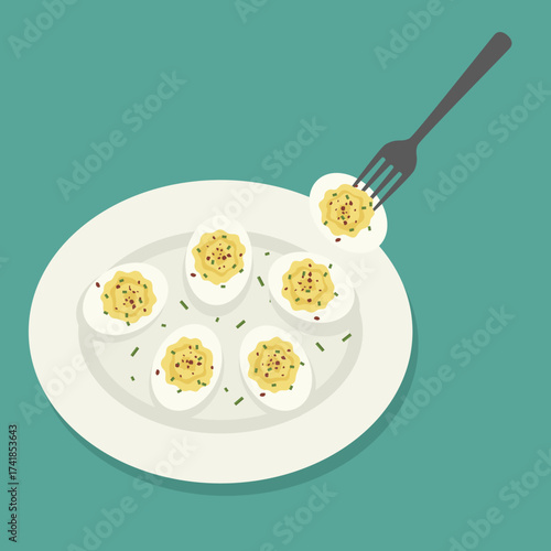 flat color of low carb Healthy keto deviled eggs with chives and seasoning