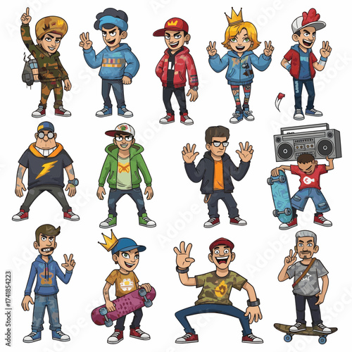 Diverse Cartoon Streetwear Characters Quirky and Trendy, Urban Teens Collection