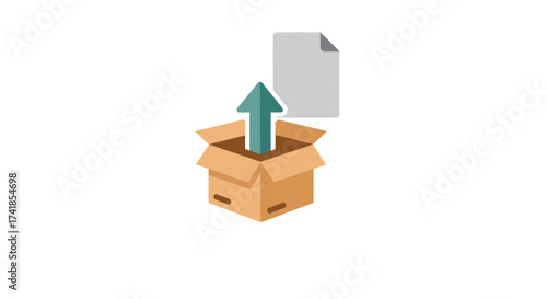 An image depicting a cardboard box with an upward-pointing arrow and a document.