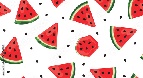 A delightful pattern of fresh watermelon slices scattered across a white background with scattered black seeds.