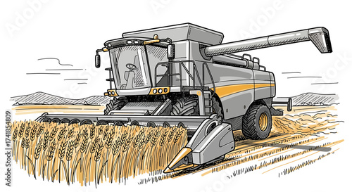 Illustration of a combine harvester cutting through a field of wheat during harvest season.