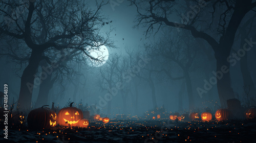 A dark and eerie Halloween night scene illuminated by glowing pumpkins in a moody vector design