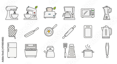 A collection of minimalist line art icons depicting various kitchen appliances and cooking utensils with subtle green accents.