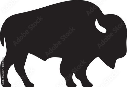 Black silhouette of a buffalo or bison in side profile, bold and simple wildlife design ideal for logos, emblems, nature graphics, tribal artwork, educational materials, or outdoor brand themes.