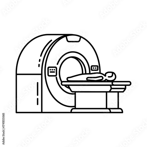 A simple line art illustration of a patient undergoing a medical scan in an MRI or CT machine.