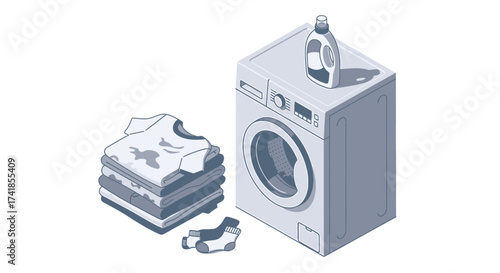 A stack of dirty laundry and a washing machine with detergent on top, representing household chores and cleaning.