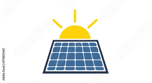 Illustration of a solar panel with the sun shining above it, representing renewable energy.