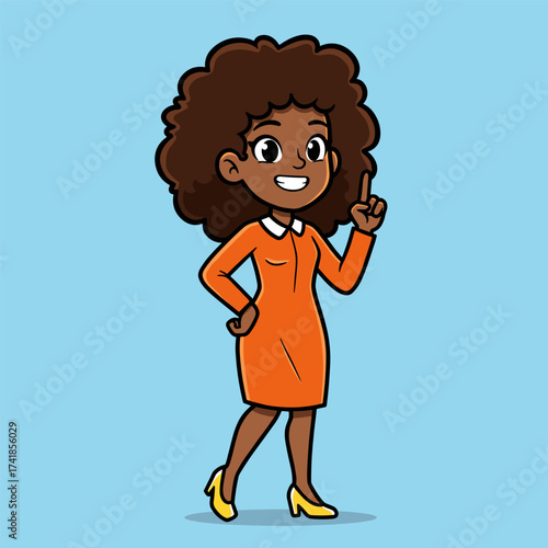 Confident woman in orange dress pointing upward, smiling on light blue background.