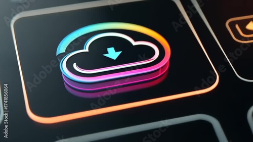 Colorful cloud download icon on a sleek digital interface with various app symbols in the background