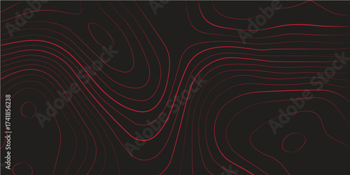 Panoramic ultra wide abstract topographic map red contour lines black background terrain path mapping modern cartography vector artwork
