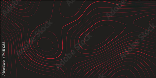 Panoramic ultra wide abstract topographic map red contour lines black background terrain path mapping modern cartography vector artwork
