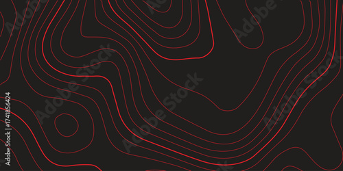 Ultra wide panoramic topographic contour line map red black background terrain path mapping abstract cartography vector artwork
