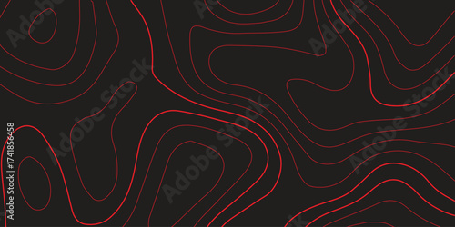 Ultra wide panoramic topographic contour line map red black background terrain path mapping abstract cartography vector artwork
