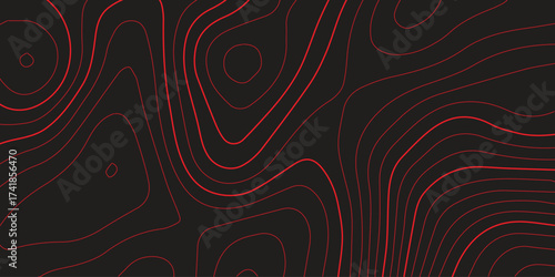 Ultra wide panoramic topographic contour line map red black background terrain path mapping abstract cartography vector artwork
