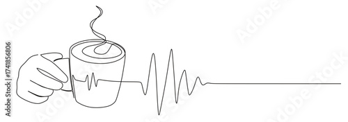 Continuous line art of a hand holding a cup of coffee or tea with the lines forming a heartbeat. This icon is for a cafe sticker or banner.