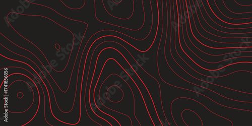Ultra wide panoramic abstract topographic map red contour lines black background terrain path mapping cartography vector artwork
