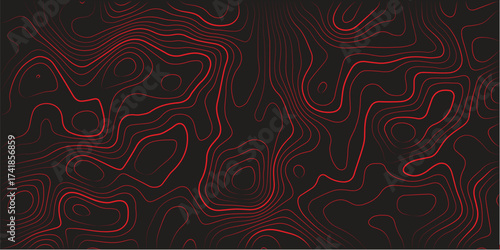Ultra wide panoramic abstract topographic map red contour lines black background terrain path mapping cartography vector artwork

