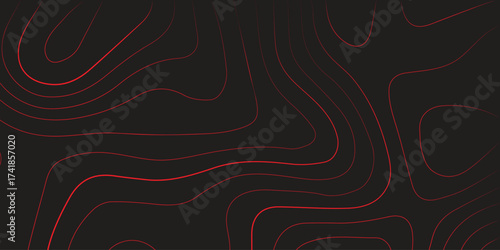 Modern abstract topographic map contour lines red black background panoramic terrain path mapping cartography vector illustration
