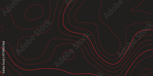 Detailed panoramic topographic map contour red lines black background terrain path mapping modern cartography vector design
