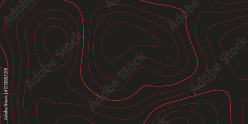 Ultra wide panoramic abstract topographic map illustration red contour lines black background terrain path mapping cartography vector artwork
