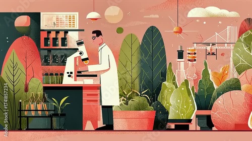Scientist conducting research in a vibrant lab surrounded by lush plants and scientific equipment