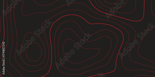 Ultra wide panoramic abstract topographic map illustration red contour lines black background terrain path mapping cartography vector artwork
