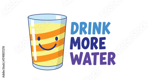 A cheerful glass of yellow liquid with the words drink more water written next to it.