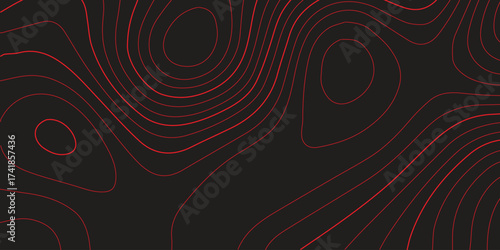 Panoramic ultra wide topographic map red contour lines black background abstract terrain path mapping cartography vector illustration

