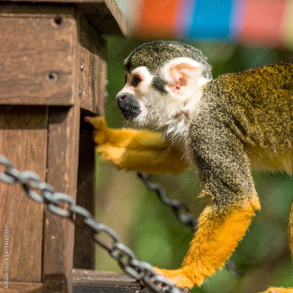 Obraz premium Squirrel Monkey Interacting with a Wooden Structure Outdoors
