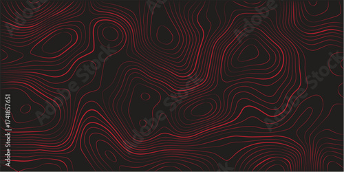 Ultra wide black background abstract red contour topographic map terrain path mapping modern cartography vector design
