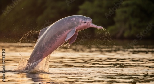 Amazon river dolphin jumping out of the water in the amazon river at sunset, south america