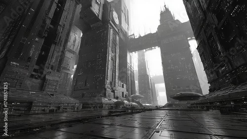 Futuristic cityscape with towering structures and hovering vehicles under a misty sky