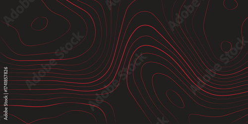 Modern abstract topographic map contour lines red black background panoramic terrain path mapping geographic scheme vector artwork

