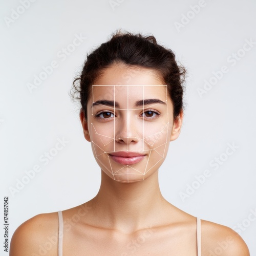 A beauty model showcases clean skin and symmetrical features. Light makeup enhances her appearance, with a grid for facial mapping in view.