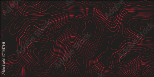 Modern abstract topographic map contour lines red black background panoramic terrain path mapping geographic scheme vector artwork
