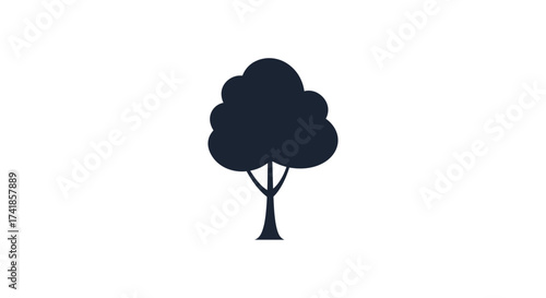 Simple stylized dark blue tree silhouette with thick trunk and leafy canopy perfect for nature and eco themes
