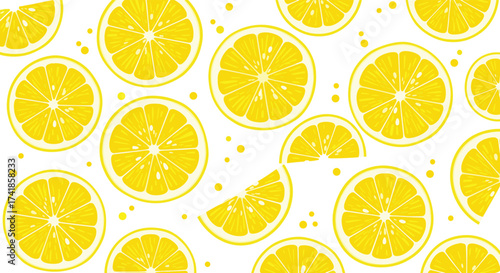 A vibrant pattern of fresh yellow lemon slices and dots on a white background.