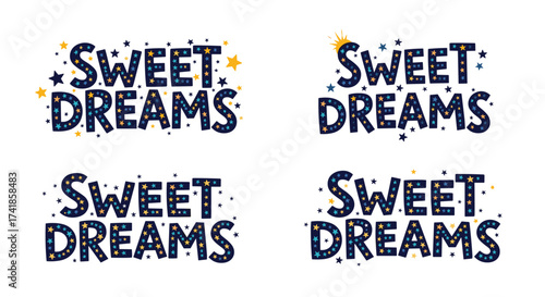 Hand drawn lettering with stars and moon reading sweet dreams.