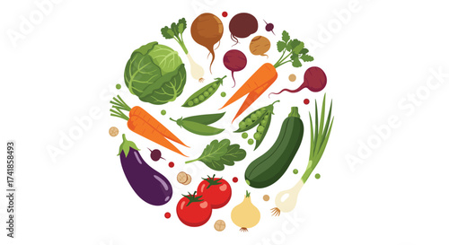 A vibrant arrangement of fresh garden vegetables forming a circular pattern with a white background.