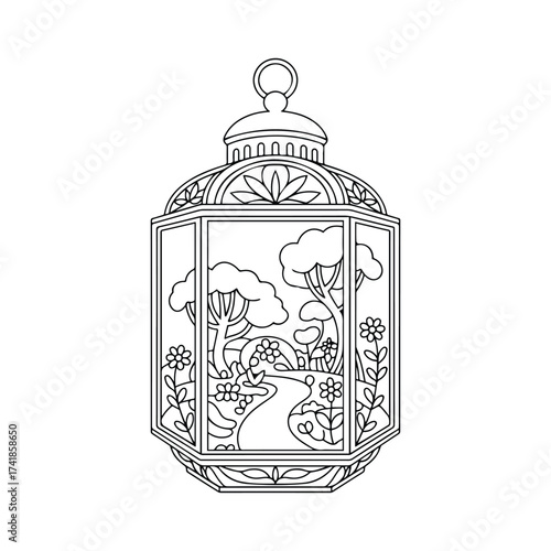 Decorative Lantern with Floral Design coloring page in hand drawn black and white line art. Printable vector illustration for stress relief, mindfulness, and relaxing creative activities.