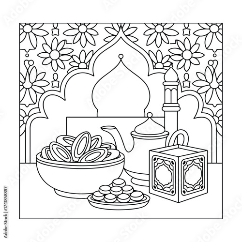 Islamic coloring page in hand drawn black and white line art. Printable vector illustration for stress relief, mindfulness, and relaxing creative activities.