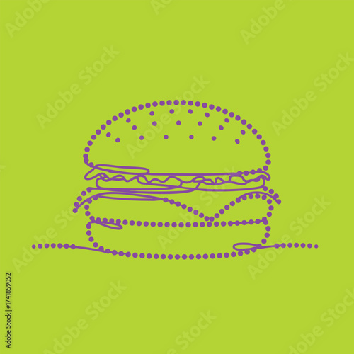 Minimalist line art depiction of a classic hamburger with lettuce, cheese, and patty in a simple style on vibrant green