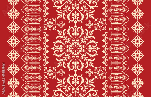 floral pattern vintage ethnic modern embroidery texture boho design vector illustration hand drawn pink flower motif branches leaves wallpaper seamless background border.