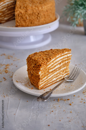 Honey cake on a white plate on a gray table