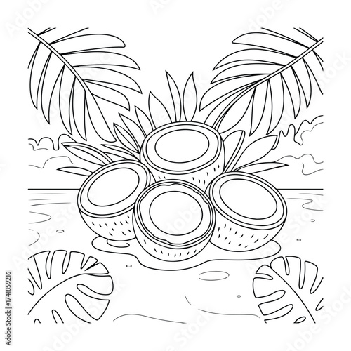 Tropical Island Coconut hand drawn coloring page in black and white. Printable vector illustration suitable for adults and kids. Ideal for creative relaxation, mindfulness, and art therapy projects.