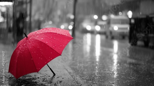 Red umbrella glowing under heavy rain,black-and-white city background,copy space,web banner.