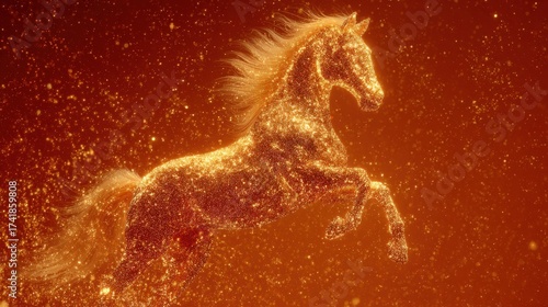 A golden horse leaps gracefully against a vibrant red gradient, surrounded by glowing particles and stars, showcasing detailed hair texture and luminous lighting.