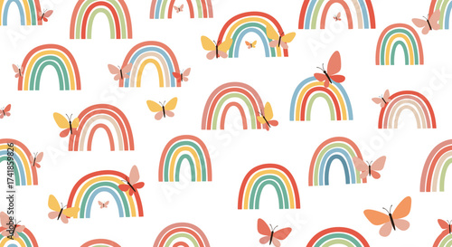 A whimsical pattern featuring pastel rainbows and delicate butterflies creating a cheerful and vibrant design.